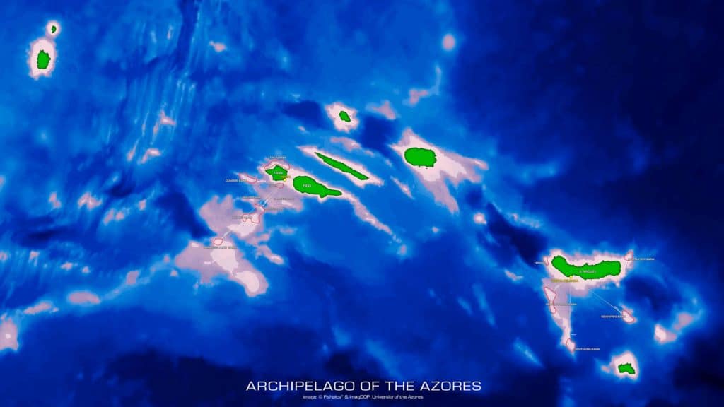 The Azores Archipelago consists of nine islands; the area’s extensive banks and seamounts sit atop the midAtlantic Ridge.