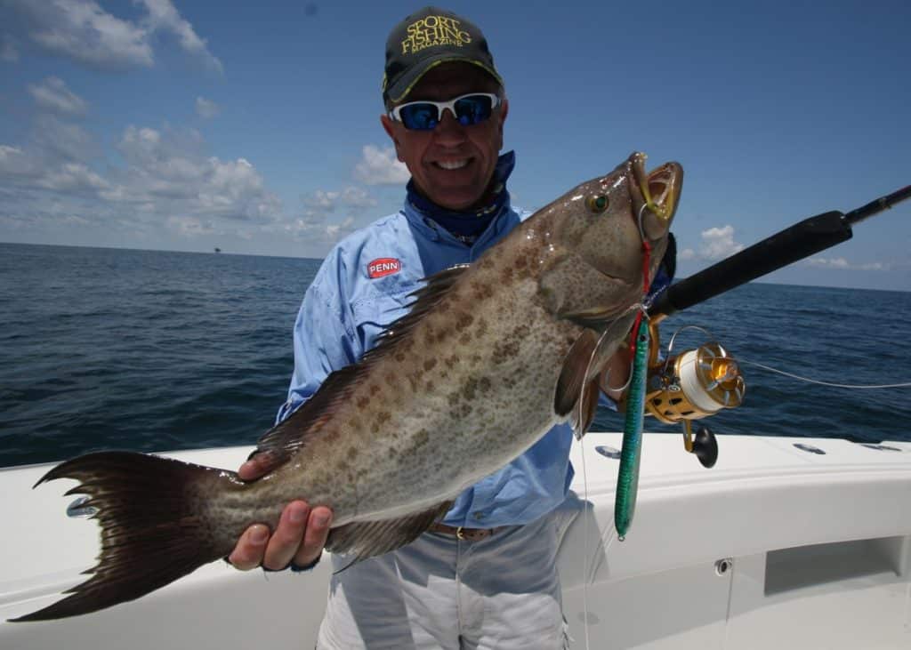 Scamp grouper caught deep sea fishing saltwater spinning reel