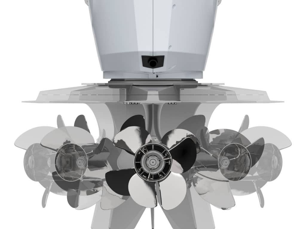 Showing the swing of the lower unit in the Mercury V-12 Verado