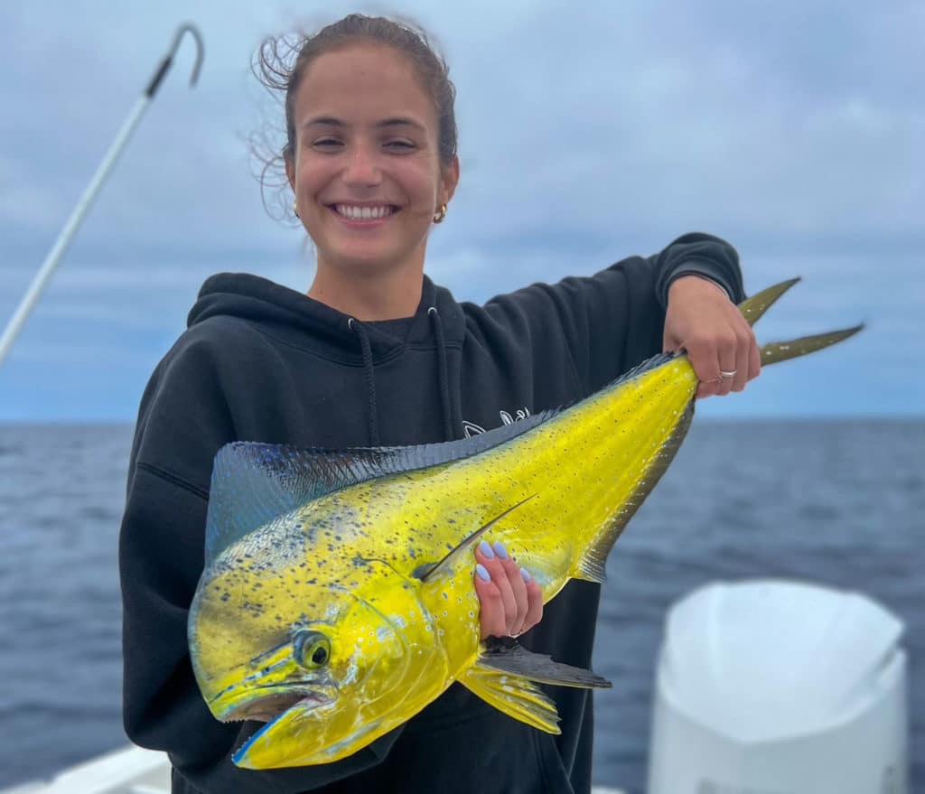 SoCal angler holding mahi