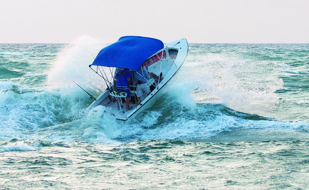 Breaking waves can swamp a boat.